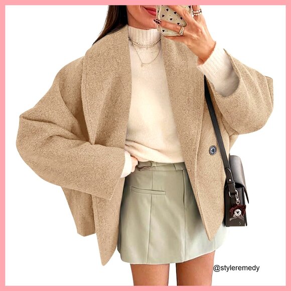 Wool Blend Cropped Pea Coat Double Breasted Lapel Oversized Jacket